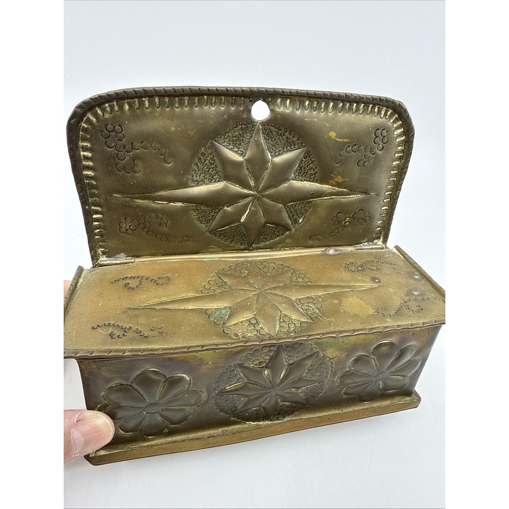 Antique Dutch Small 7x6x3" Brass Fireplace Candle Box Repousse Hanging Stars